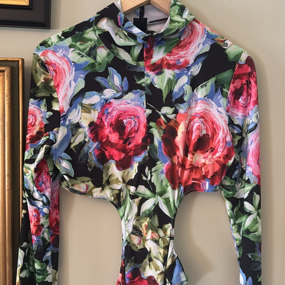 Norma Kamali hooded floral bodysuit suit swim size L Large pink green resort - Picture 5 of 5